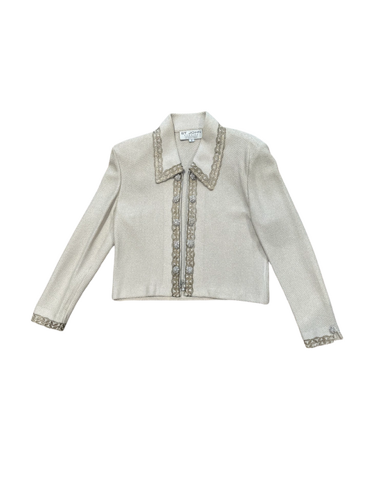 St John Evening By Marie Grey Knit Beige/Shimmery Gold Dress & Jacket Set