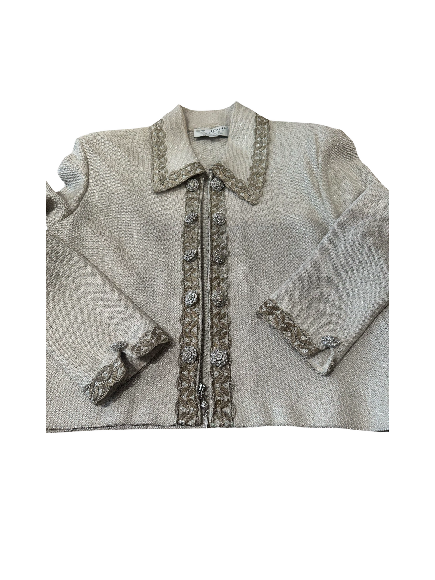 St John Evening By Marie Grey Knit Beige/Shimmery Gold Dress & Jacket Set