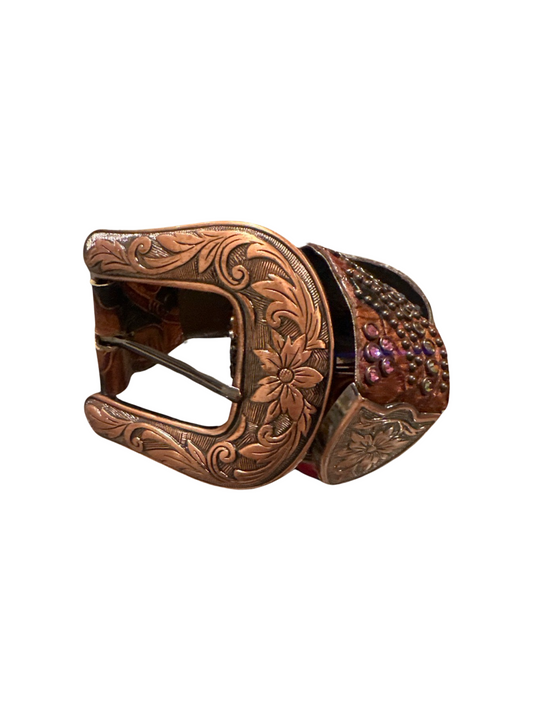 Kippy's Belt Pink/Green/Amber Crystals Brown Leather Big Copper Buckle & Trim