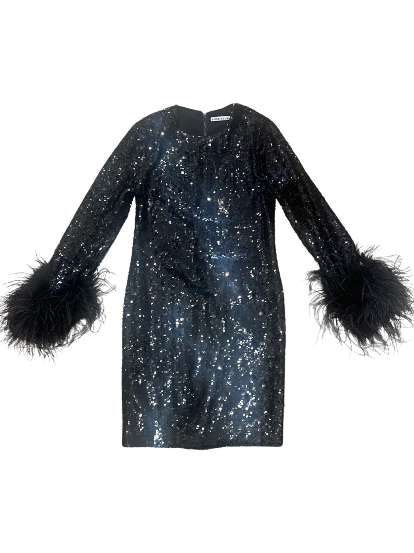 Alice + Olivia Delora Sequin Mini Dress W/Feathers Cuffs Black