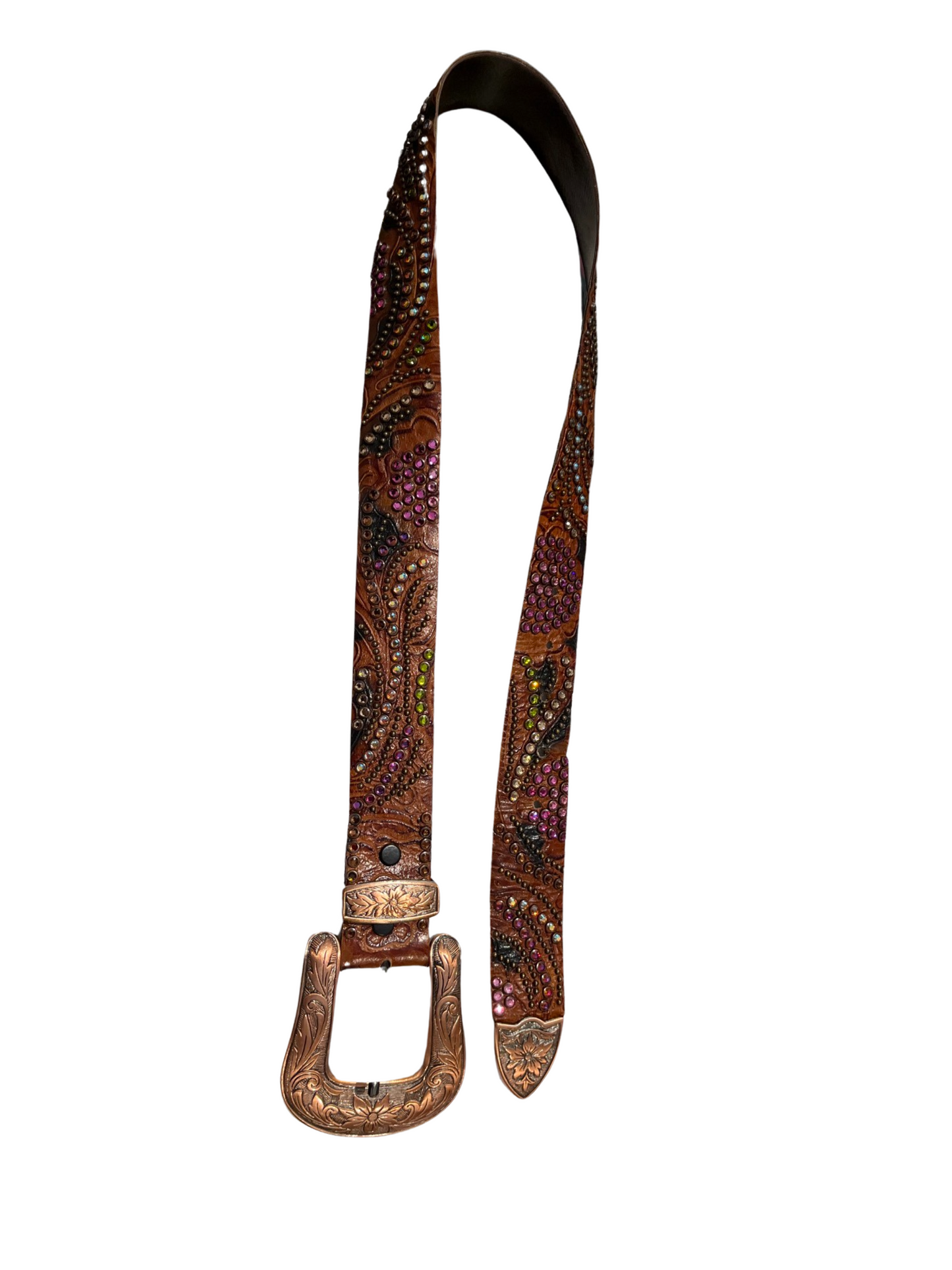 Kippy's Belt Pink/Green/Amber Crystals Brown Leather Big Copper Buckle & Trim