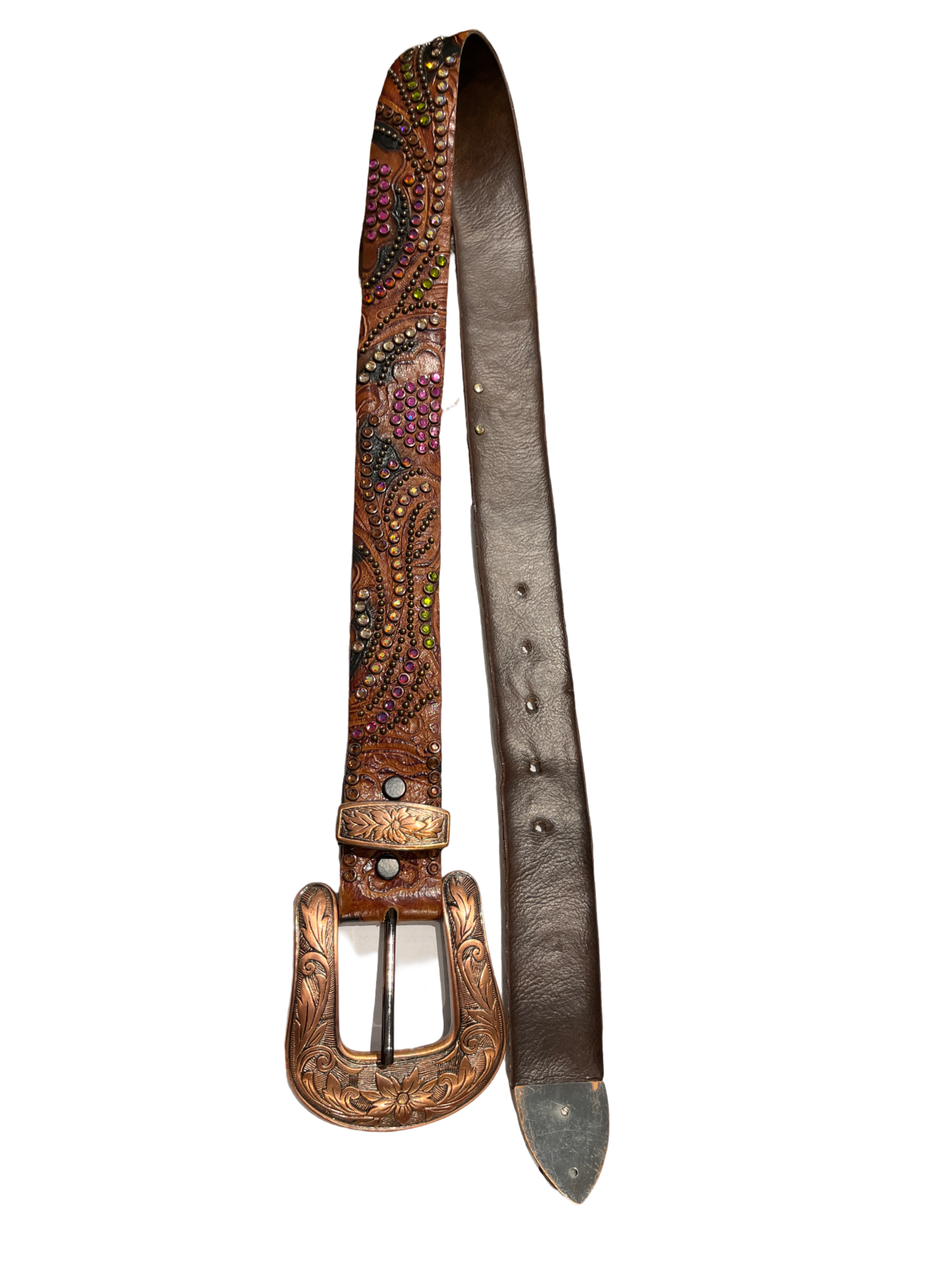Kippy's Belt Pink/Green/Amber Crystals Brown Leather Big Copper Buckle & Trim