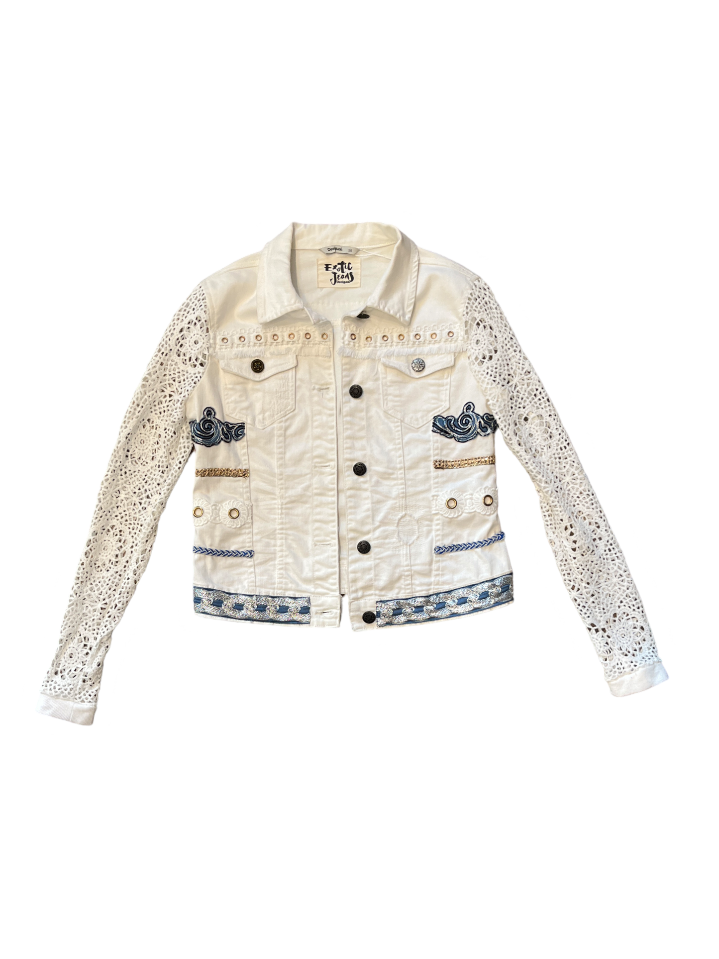 Exotic Jeans By Desigual Embellished Lace Denim Jacket /38