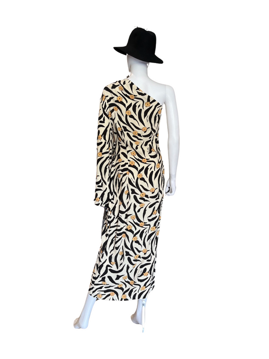 Nanushka Cream, Black Zebra w/ Yellow Flower Maxi Dress One Sleeve