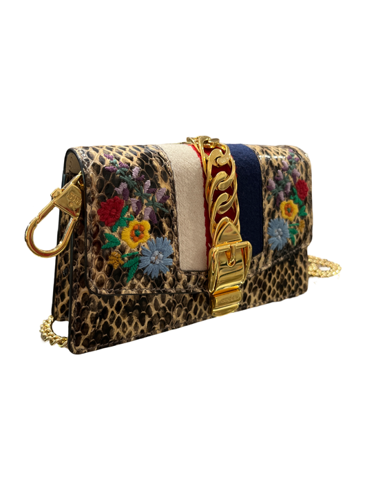 Gucci Sylvie Super Mini Floral Print Python Cross Body Purse SS17