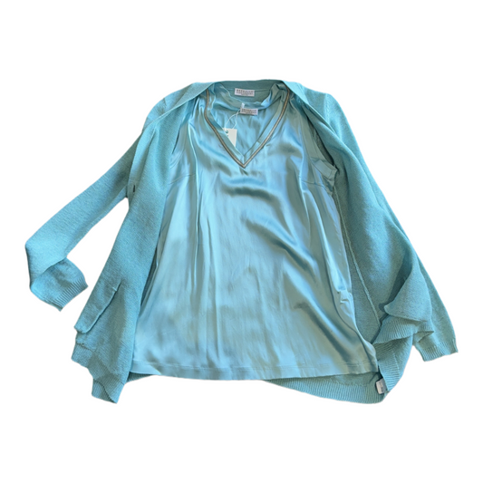 Brunello Cucinelli Aqua 2PC Set Cardigan and Silk Sleeveless Top