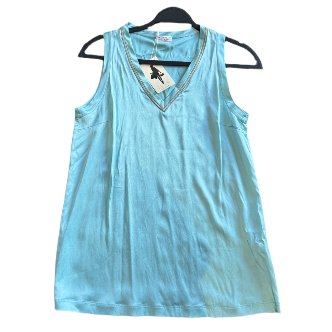 Brunello Cucinelli Aqua 2PC Set Cardigan and Silk Sleeveless Top