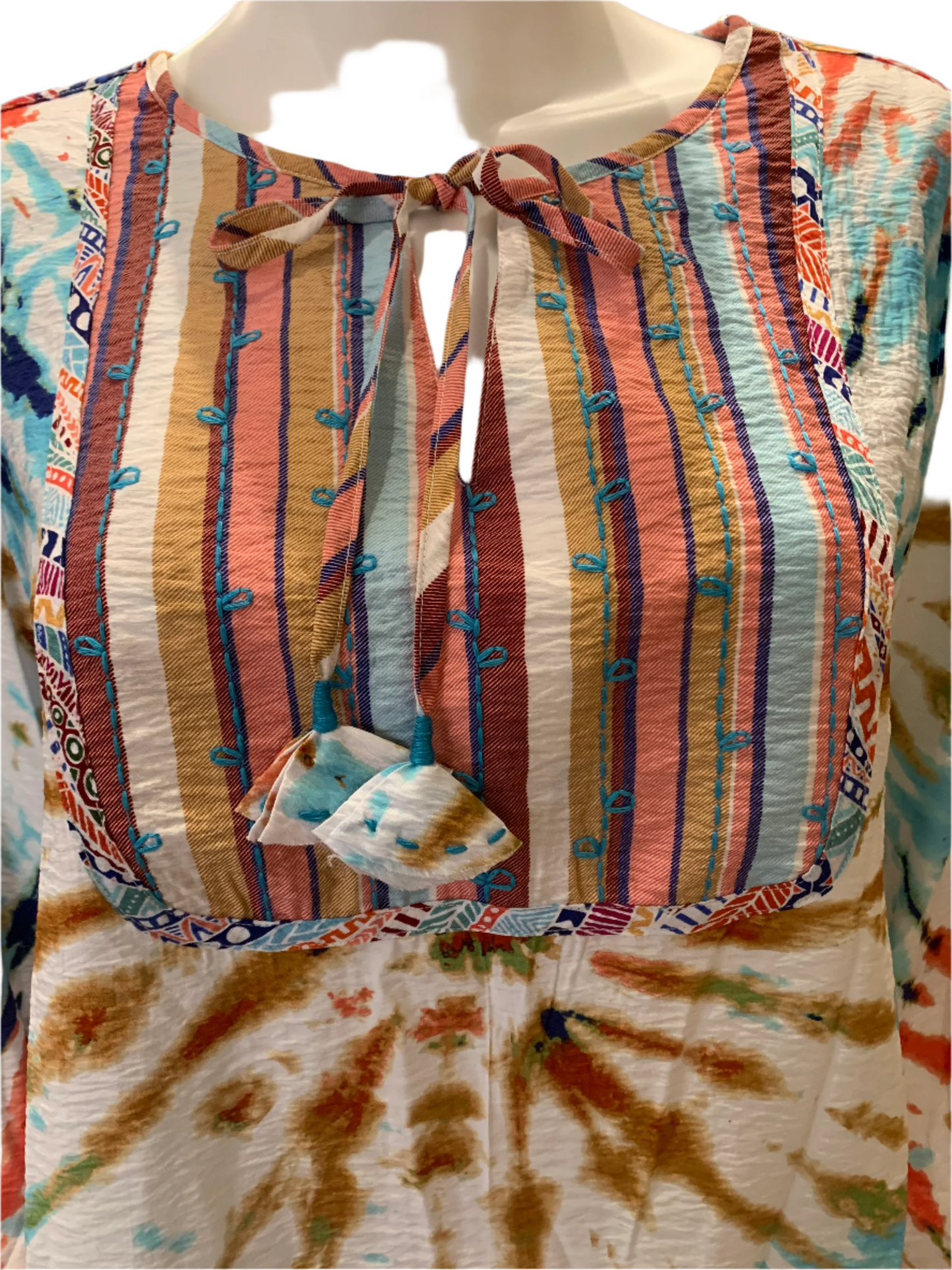 John Mark Tie Dye Print Woven Embroidered Roll Tab Sleeve