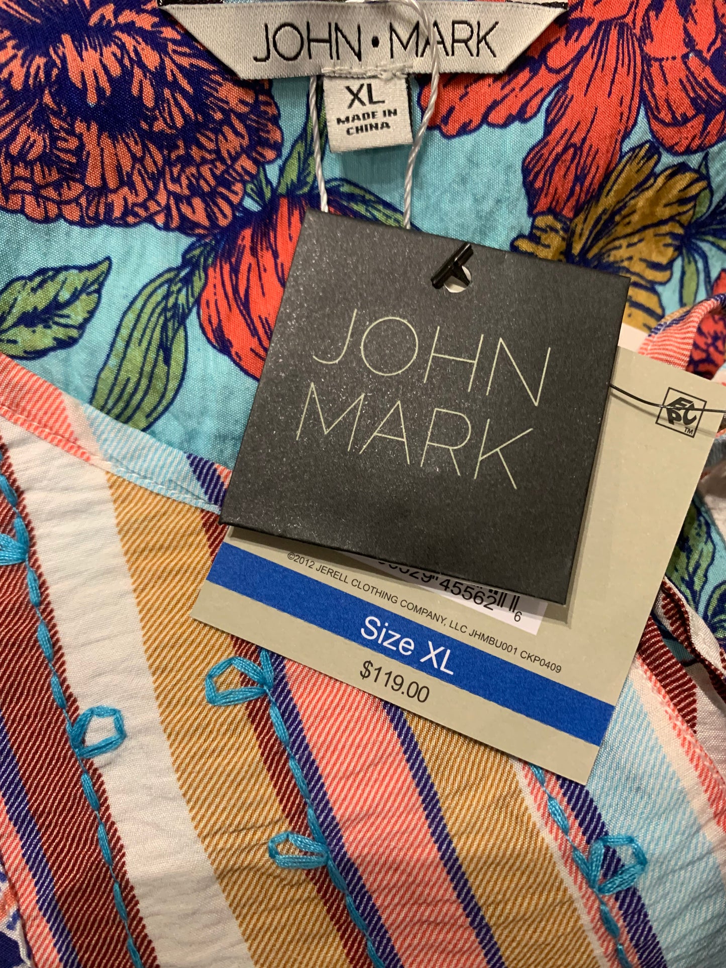 John Mark Tie Dye Print Woven Embroidered Roll Tab Sleeve