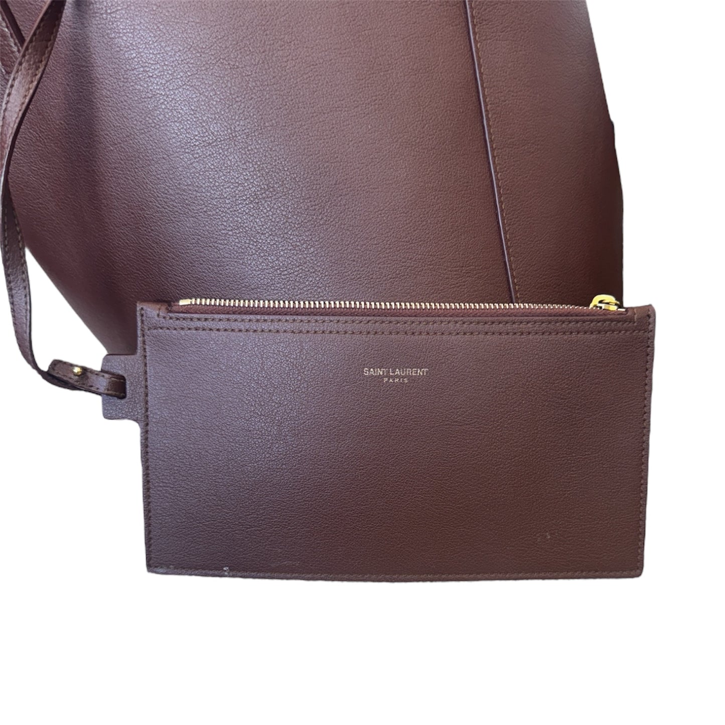 Saint Laurent Calfskin Shopping Tote Old Brandy Burgundy w/ Zip Pouch