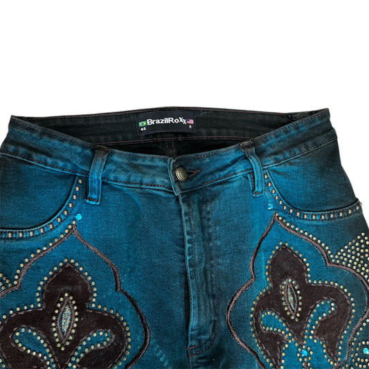 Brazil Roxx Black Peacock Blue Wash Embellished Jean Size 8