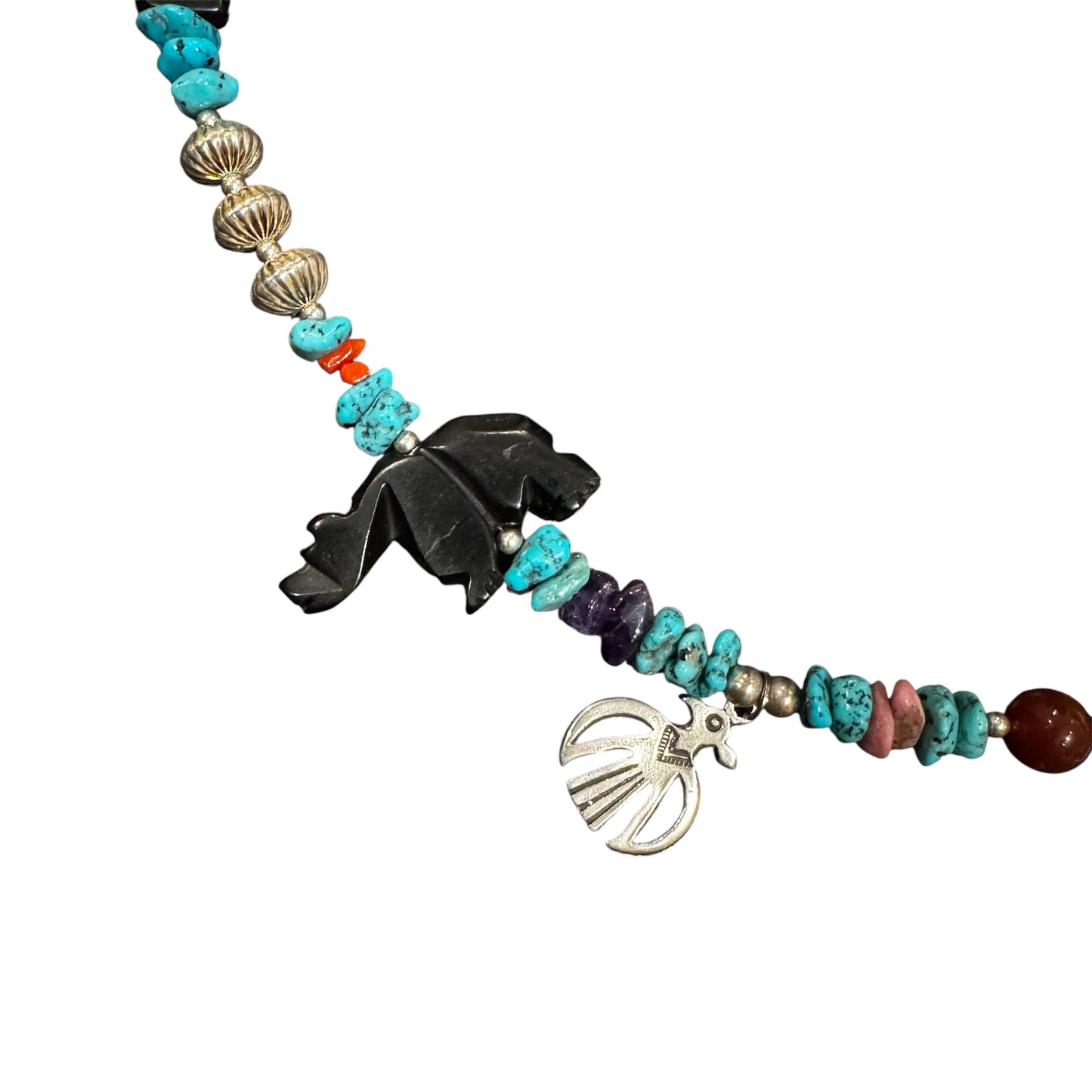 Zuni Fetish Carved Silver Turquoise Animal Charm Necklace