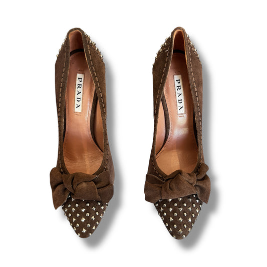 Prada Brown Suede Studded Heels with Bow Size 36.5