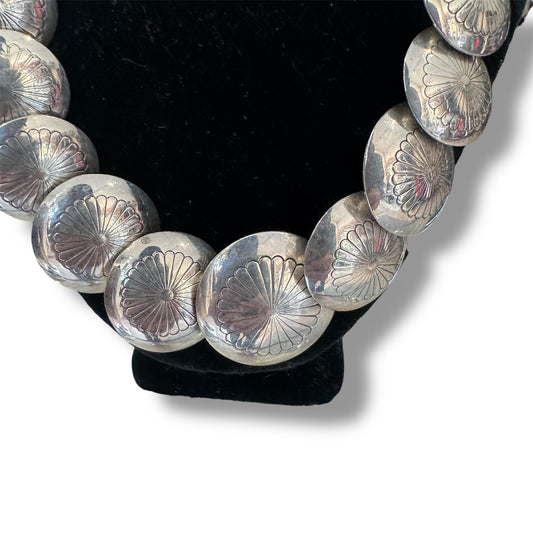 Vintage Native American Daisy-Stamped Silver Bead Necklace