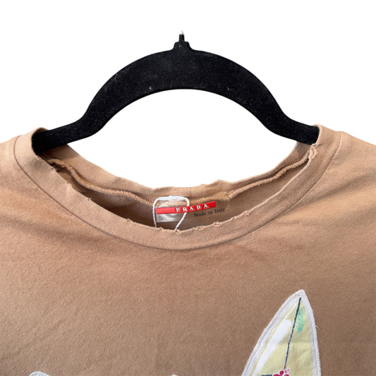Prada Distressed Beige Surfer Kids Applique Tee Shirt Size XL Made in Italy
