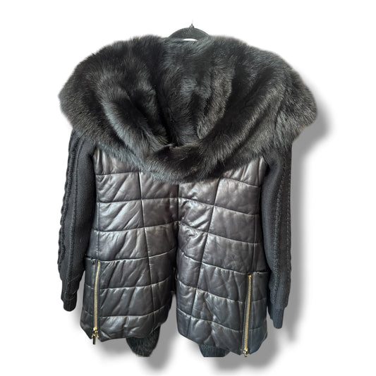 Denimaxx Couture Black Quilted Leather Coat with Fox-Trim Lapel/Hood