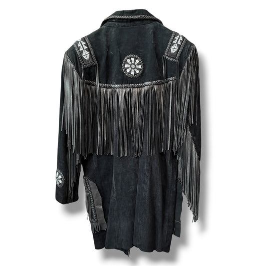 Echo Mountain Black Suede Leather Fringe Beaded Jacket Size M Men's