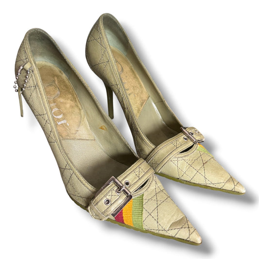Christian Dior Vintage Green Cannage Rasta Pointed Toe Buckle Pumps Heels EU 37.5