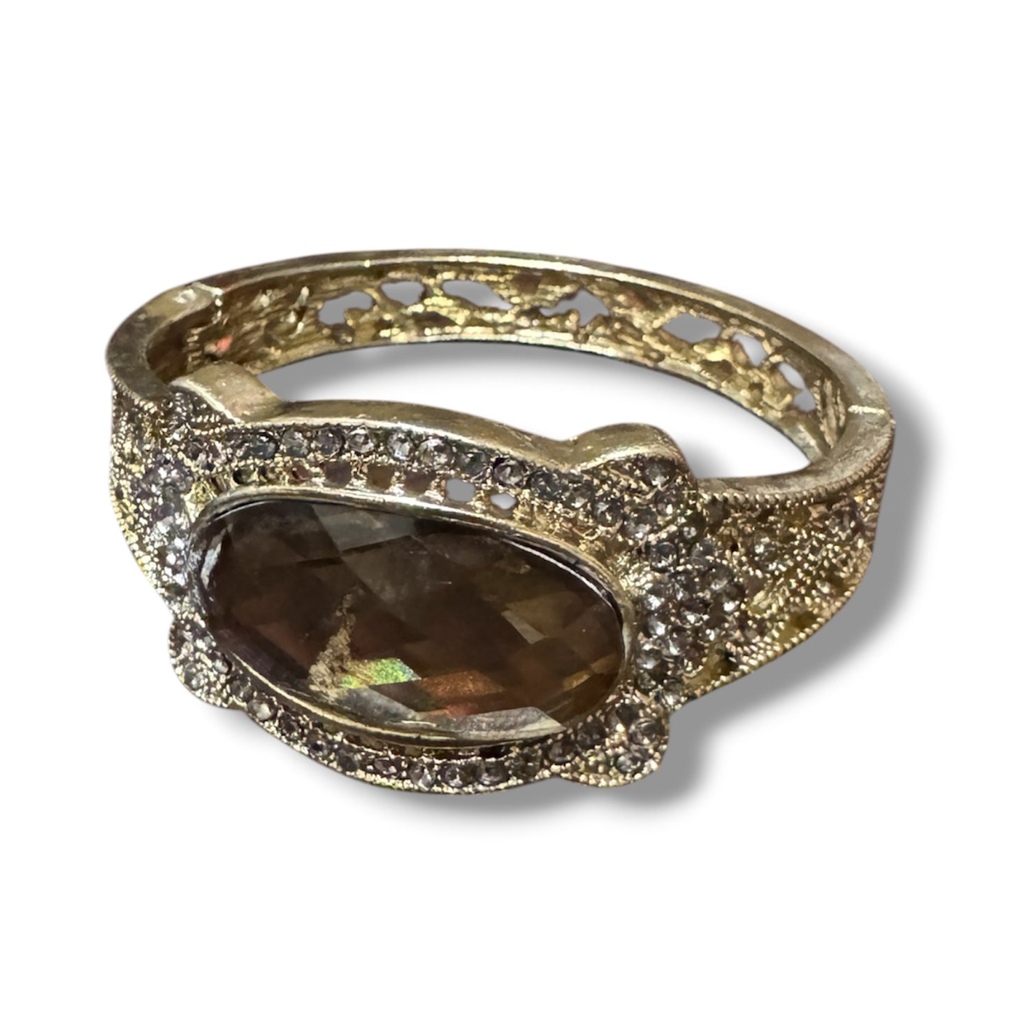 Vintage Style Gold Tone Cuff Bracelet Rhinestone Smokey Quartz