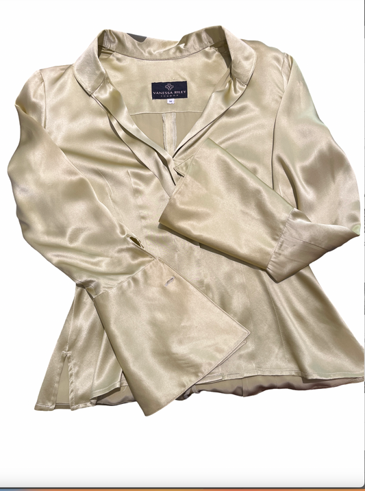Vanessa Riley Green-yellow Satin Big Bell Cuffs Blouse /M