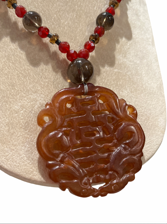 Carved Out Fire Agate/Red Jade Medallion Glass Beads