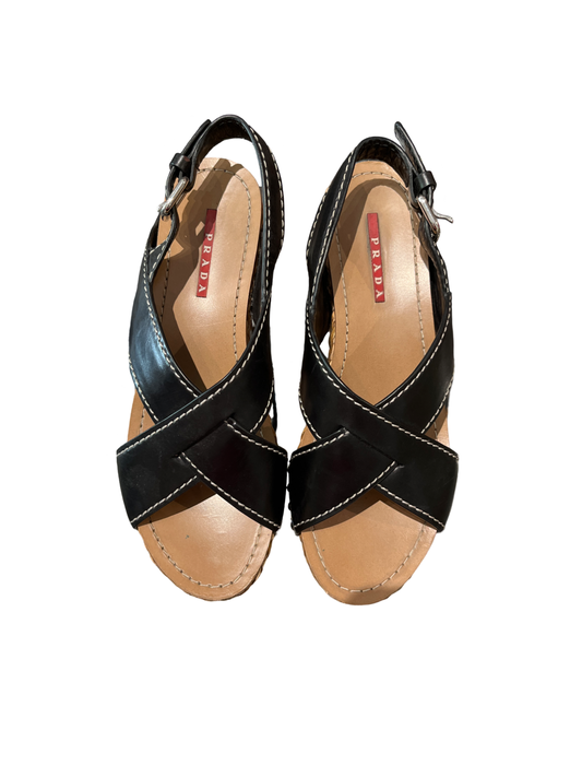 Prada Wicker Wedge Leather Braided Slingback Sandals /37