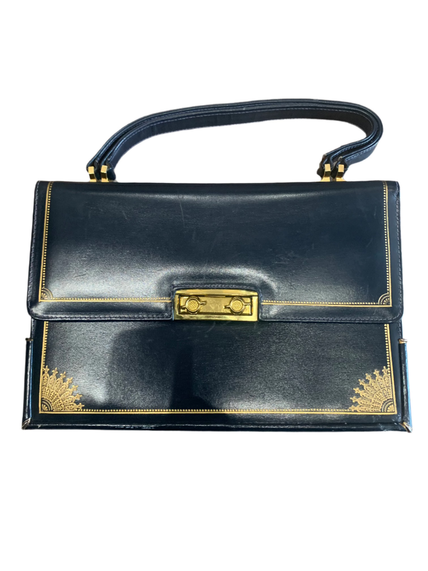 Scuola del Cuoio 1950's Blue Leather Gold Embossed Handbag