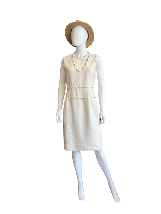 Oscar de la Renta Beige Dress w/Wood Beads Triming /10