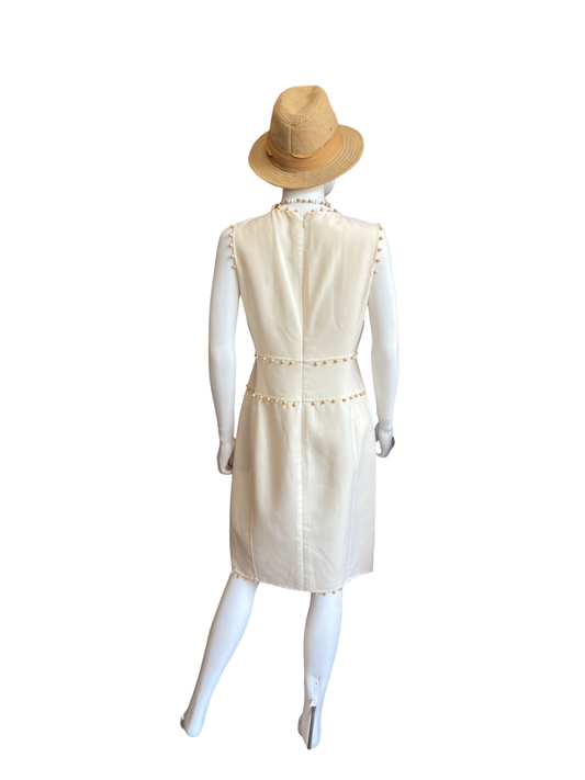 Oscar de la Renta Beige Dress w/Wood Beads Triming /10