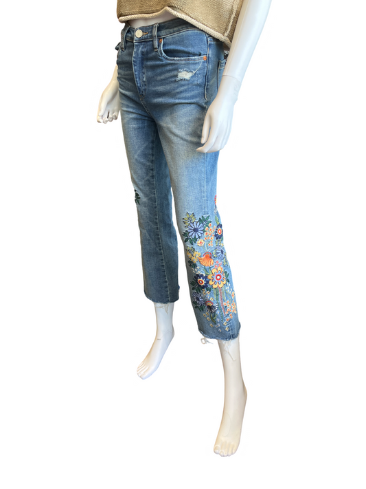 Blank NYC Great Jones High Rise Crop Embroidered Floral Jeans