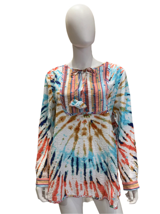 John Mark Tie Dye Print Woven Embroidered Roll Tab Sleeve
