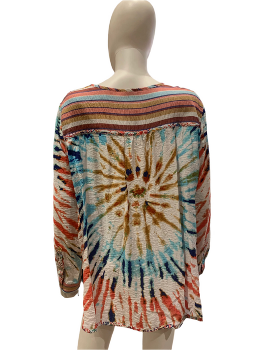 John Mark Tie Dye Print Woven Embroidered Roll Tab Sleeve