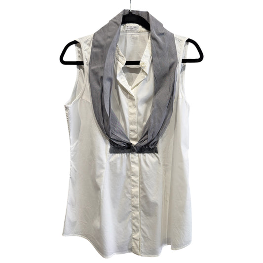 Brunello Cucinelli White Poplin Top with Grey Accent Large
