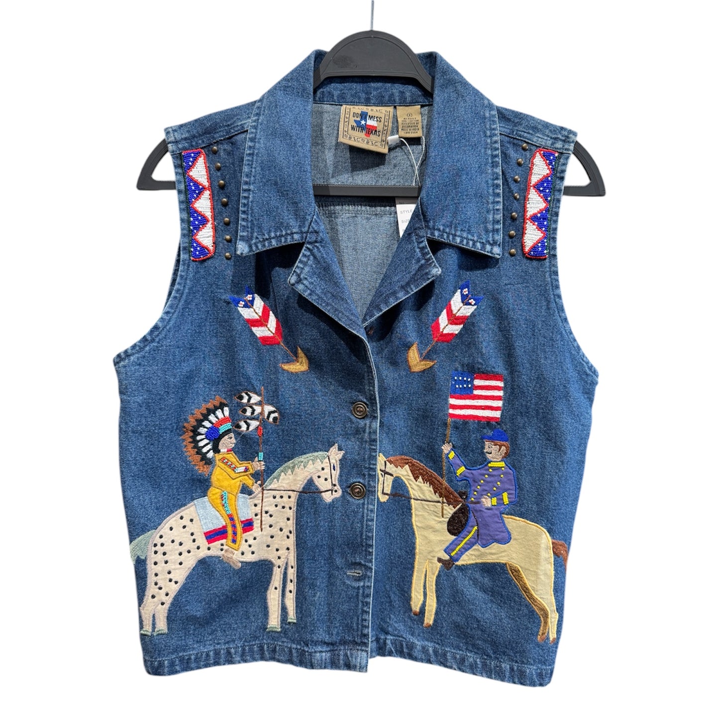 Don't Mess With Texas Denim Native American Beaded Vest Small