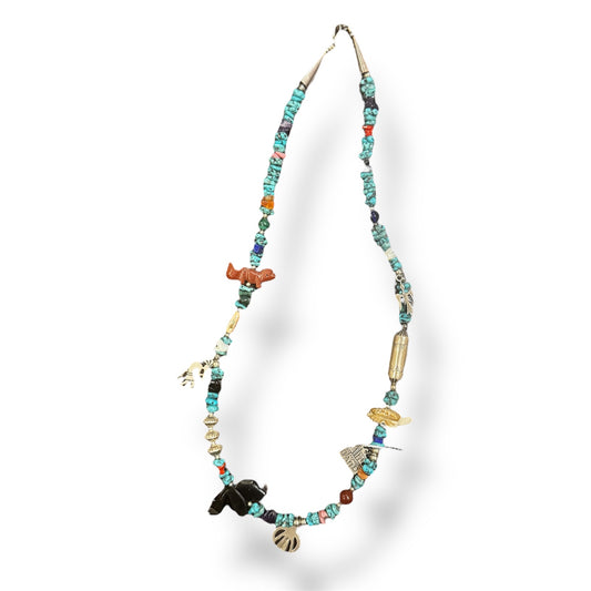 Zuni Fetish Carved Silver Turquoise Animal Charm Necklace