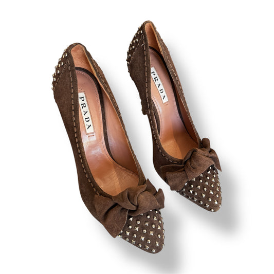 Prada Brown Suede Studded Heels with Bow Size 36.5