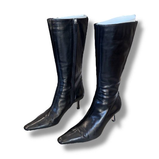 Jimmy Choo Black Mid Calf Leather Heeled Boots Size 37