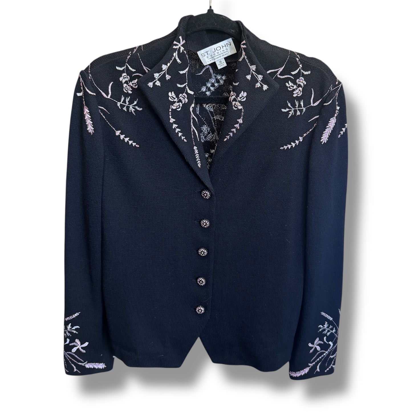 St. John Evening Black and Pink Embroidered Jacket Size 10