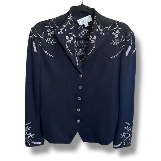 St. John Evening Black and Pink Embroidered Jacket Size 10