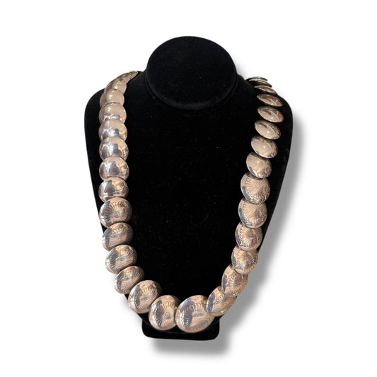 Vintage Native American Daisy-Stamped Silver Bead Necklace