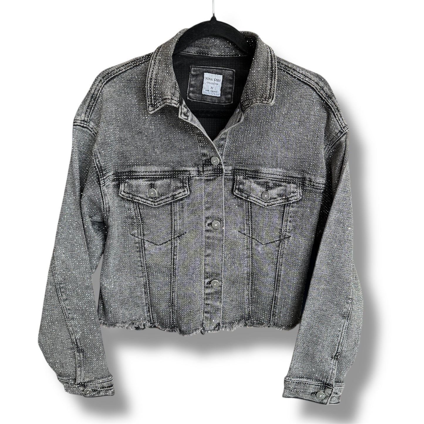 Nina Rossi Crystal Studded Grey Jean Jacket Size M Cropped