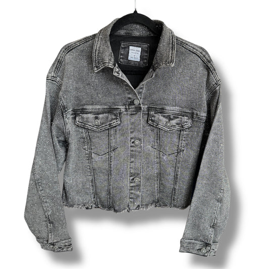 Nina Rossi Crystal Studded Grey Jean Jacket Size M Cropped