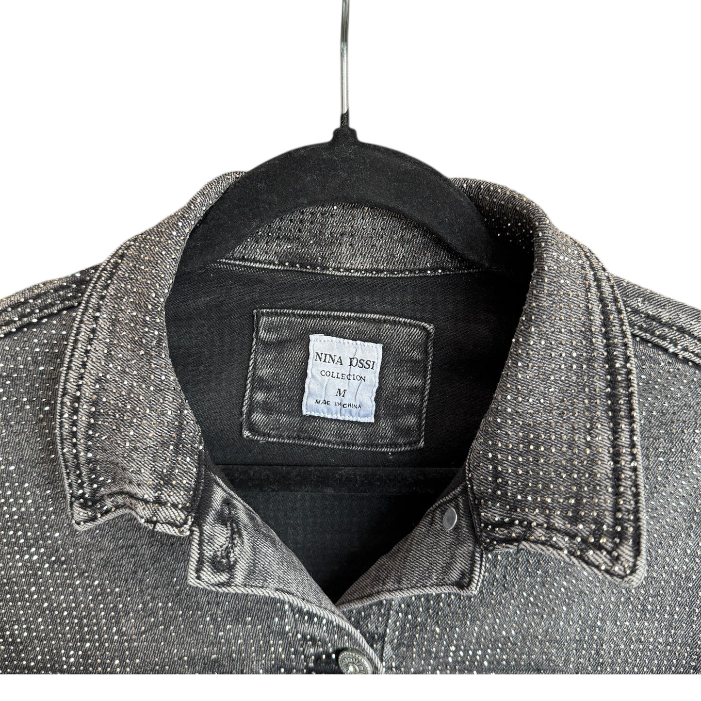 Nina Rossi Crystal Studded Grey Jean Jacket Size M Cropped