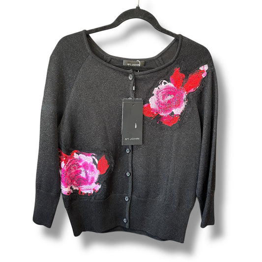 St. John Flower Embroidery Knit  Shimmer Scoop Neck Cardigan Medium