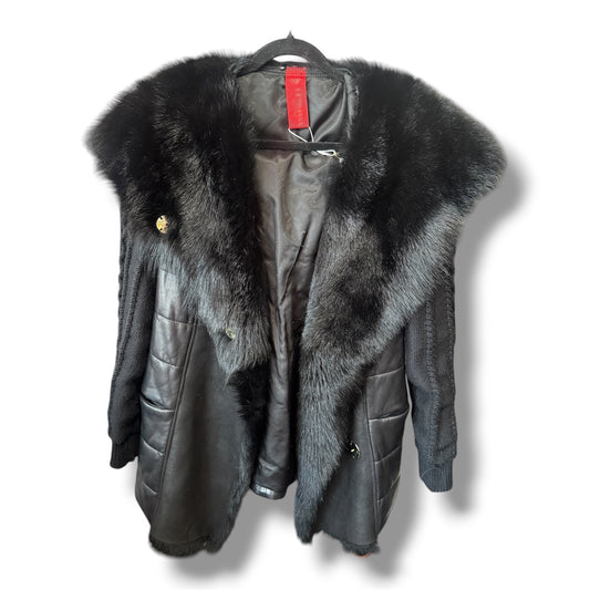 Denimaxx Couture Black Quilted Leather Coat with Fox-Trim Lapel/Hood