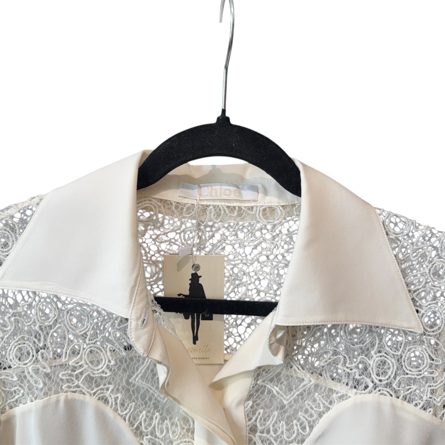 Chloe Guipure-detail Silk Shirt Neutral Long Sleeve 38