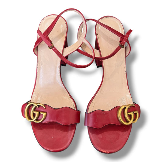 Gucci Marmont GG Red Leather Sandal Block Heel 37.5