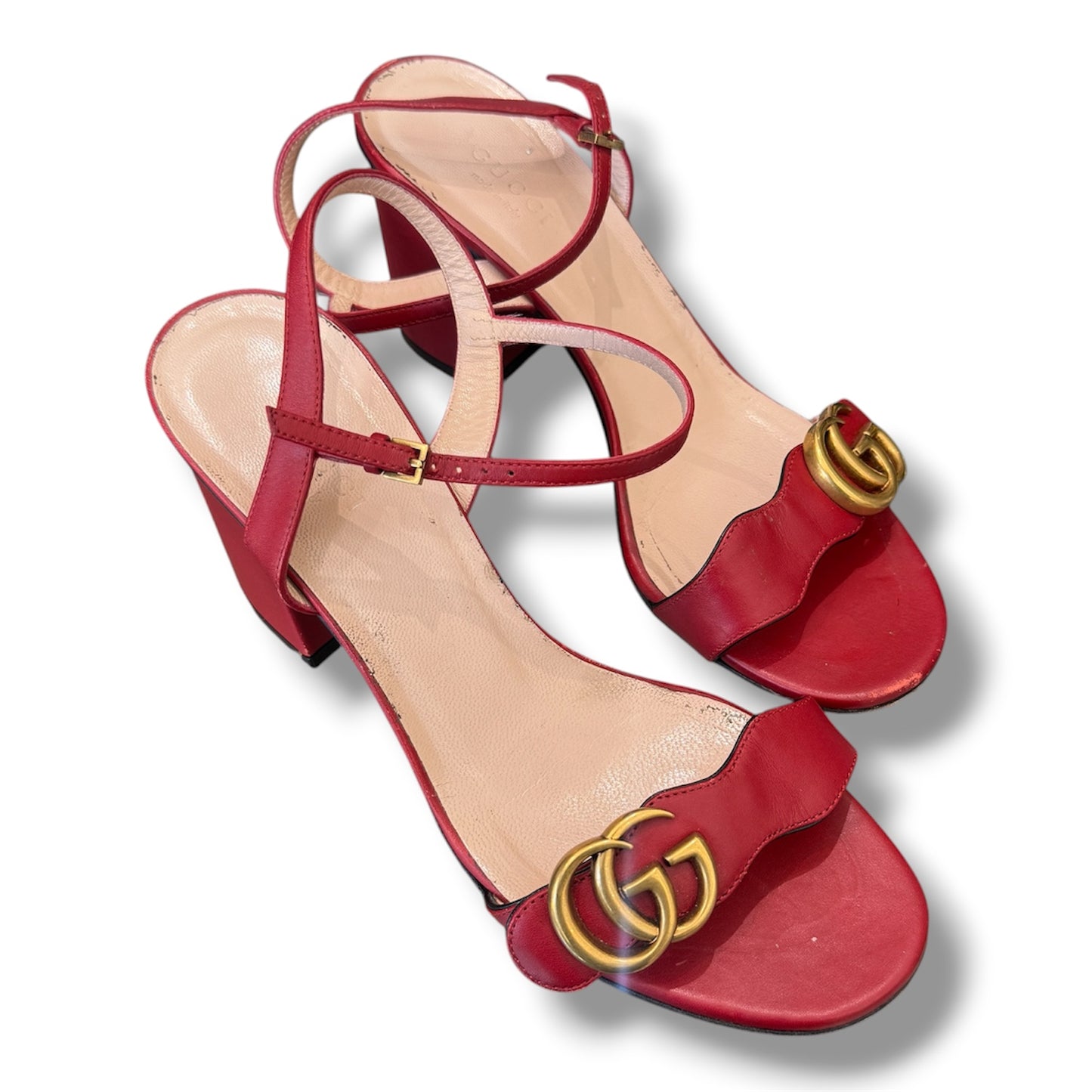 Gucci Marmont GG Red Leather Sandal Block Heel 37.5