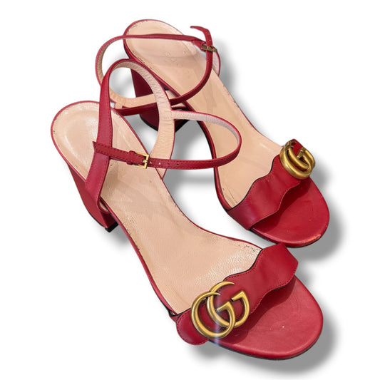 Gucci Marmont GG Red Leather Sandal Block Heel 37.5