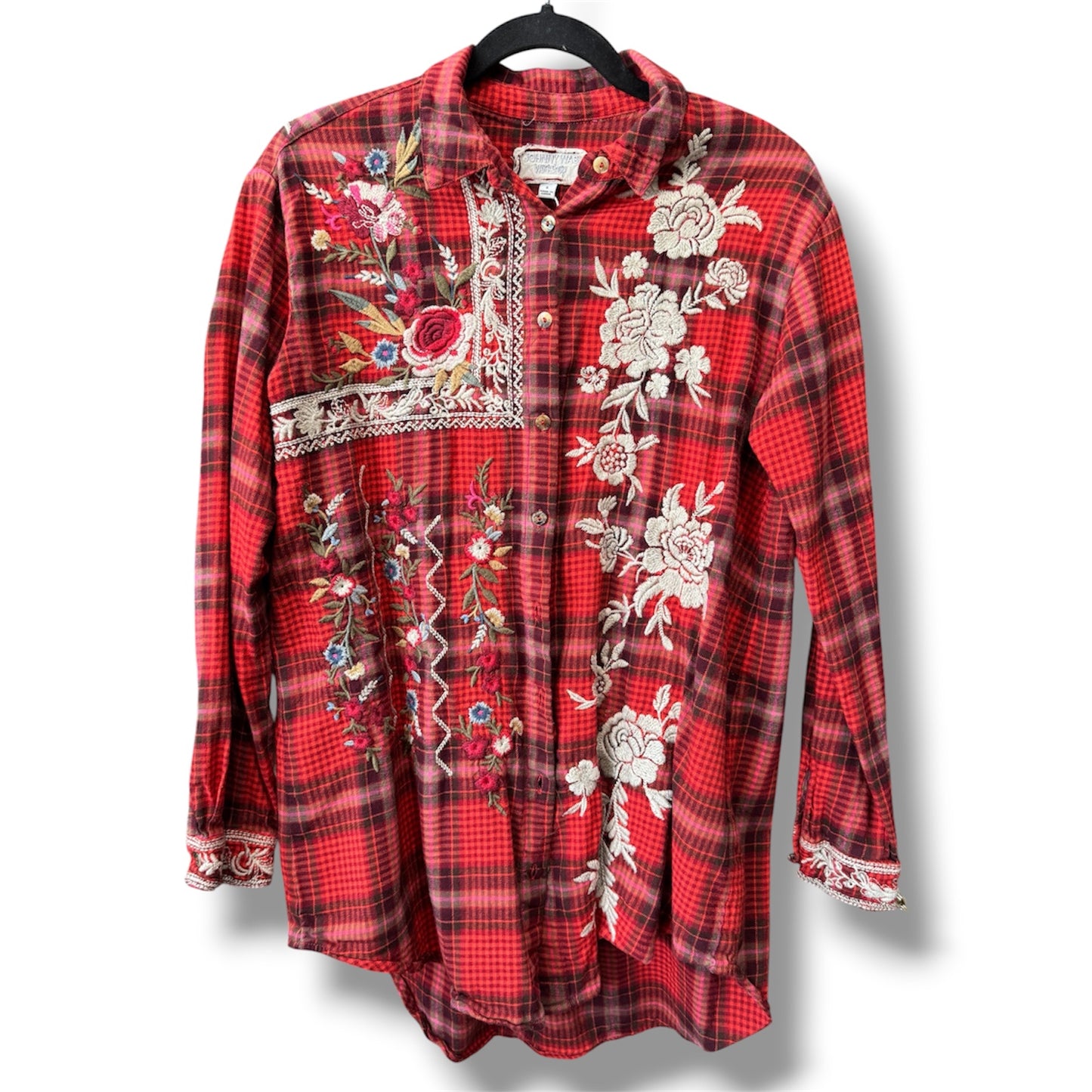 Johnny Was Workshop Roma Embroidered Plaid Tunic Shirt Size Small